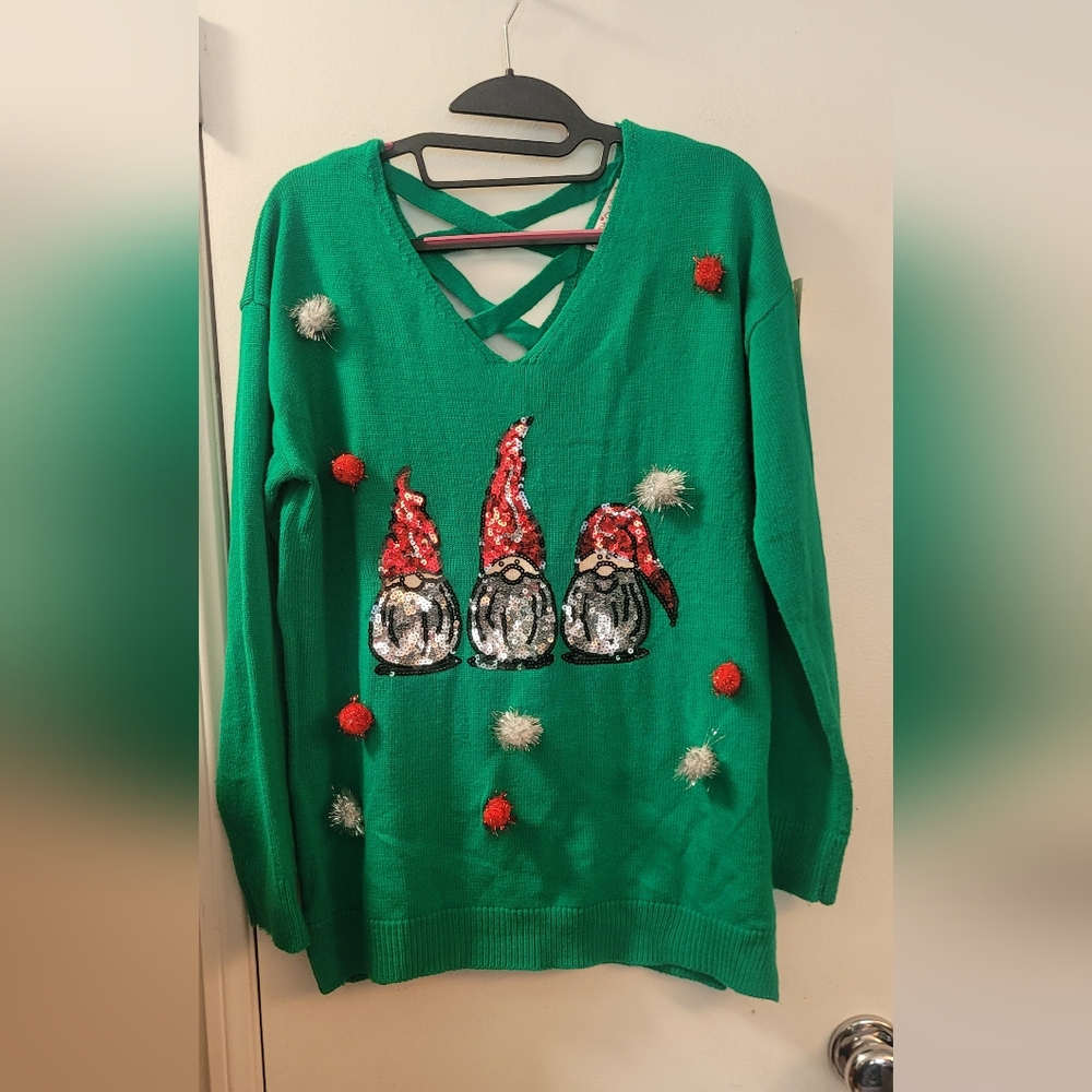 Festive Green Sweater with Gnome Design